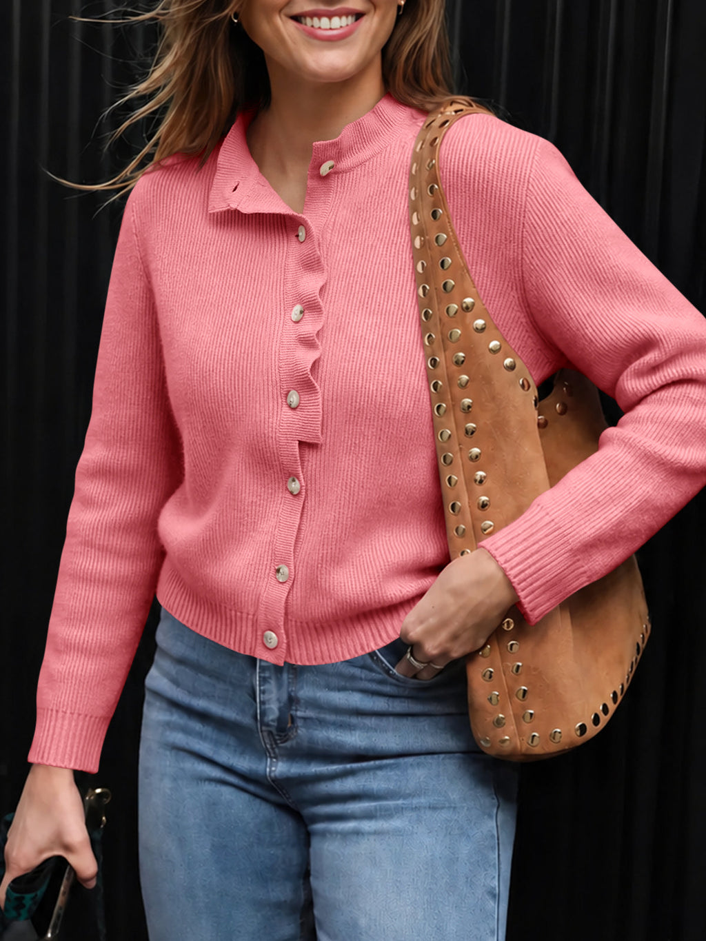 usvara Women Ruffle Mock Neck Knit Cardigan