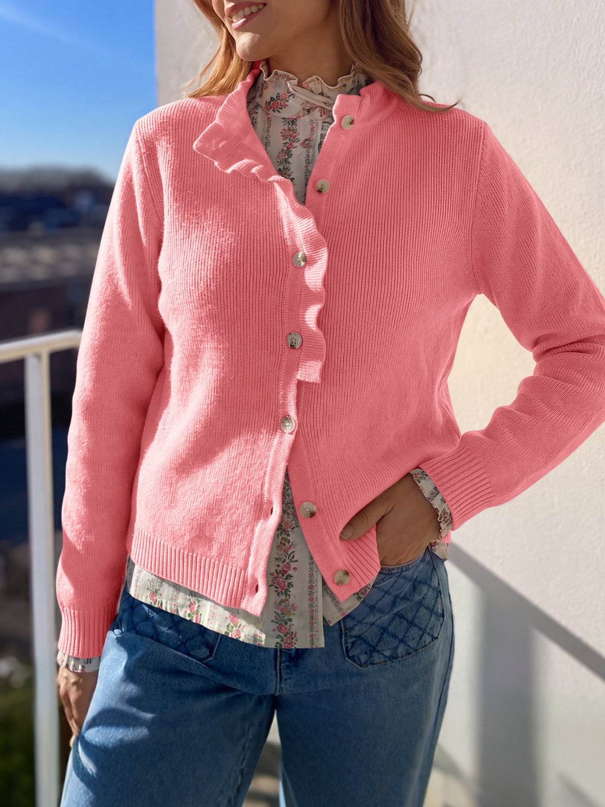 usvara Women Ruffle Mock Neck Knit Cardigan