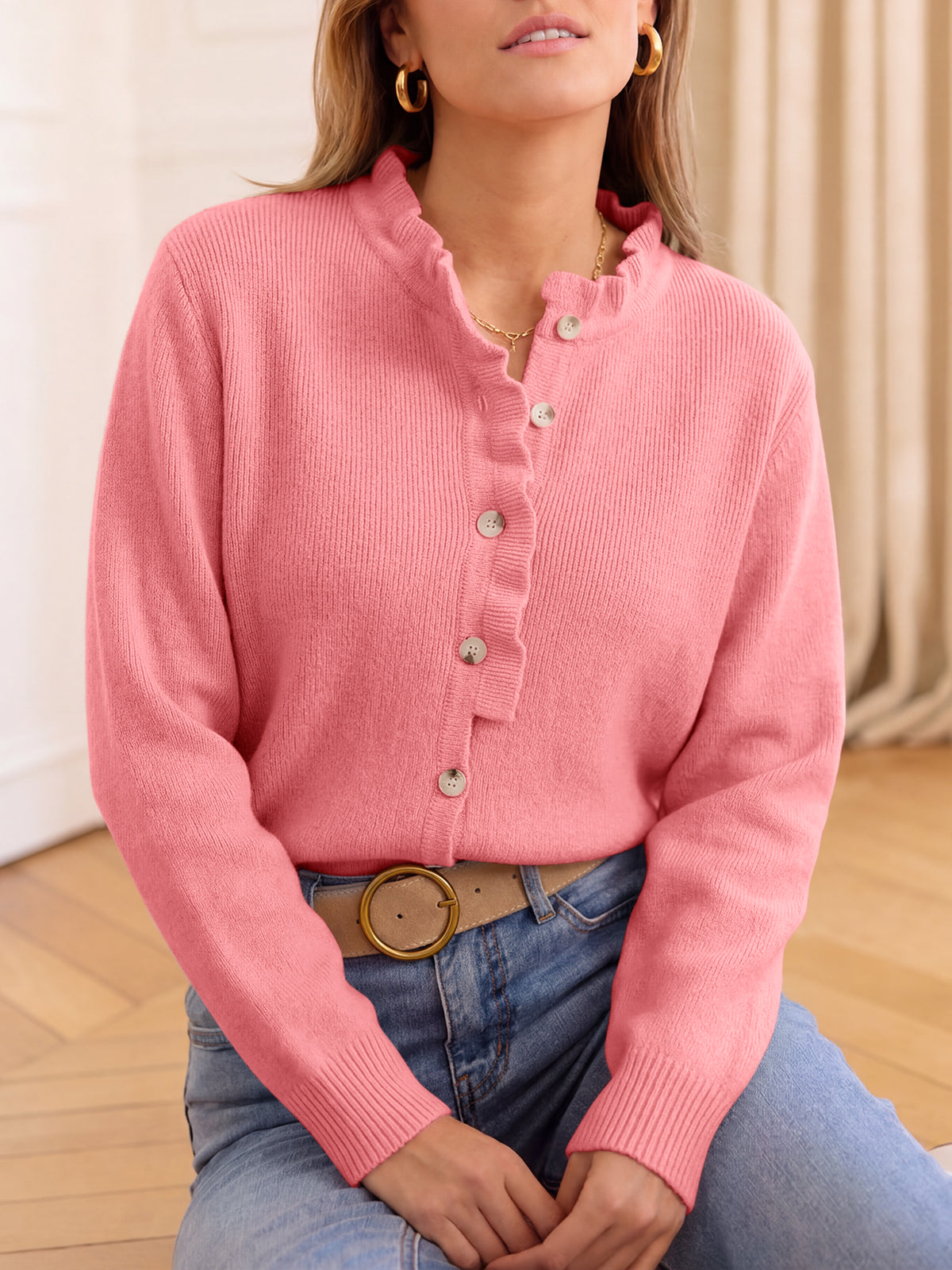 usvara Women Ruffle Mock Neck Knit Cardigan