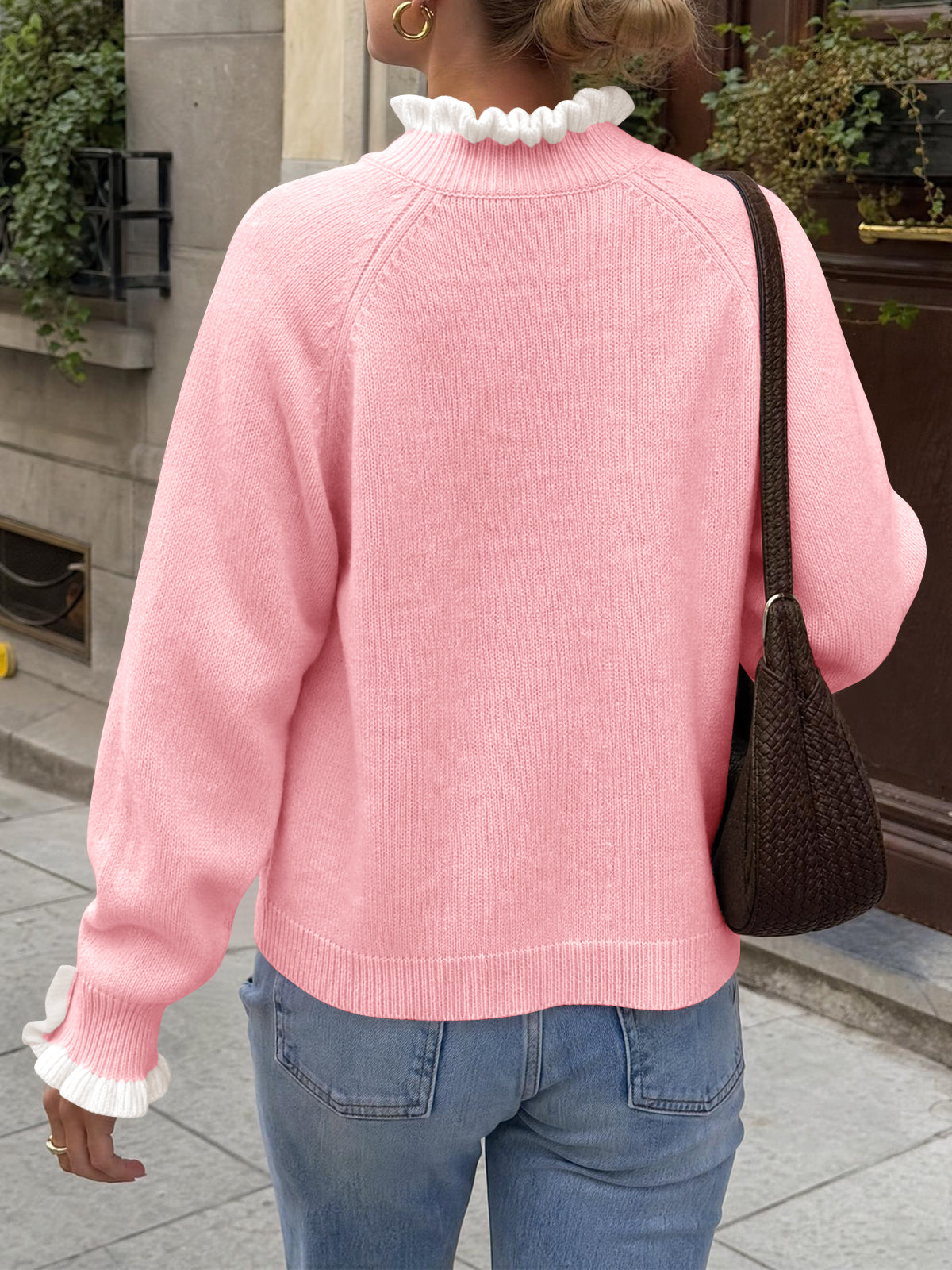 usvara Womens Mock Neck Ruffle Pearl Sweater