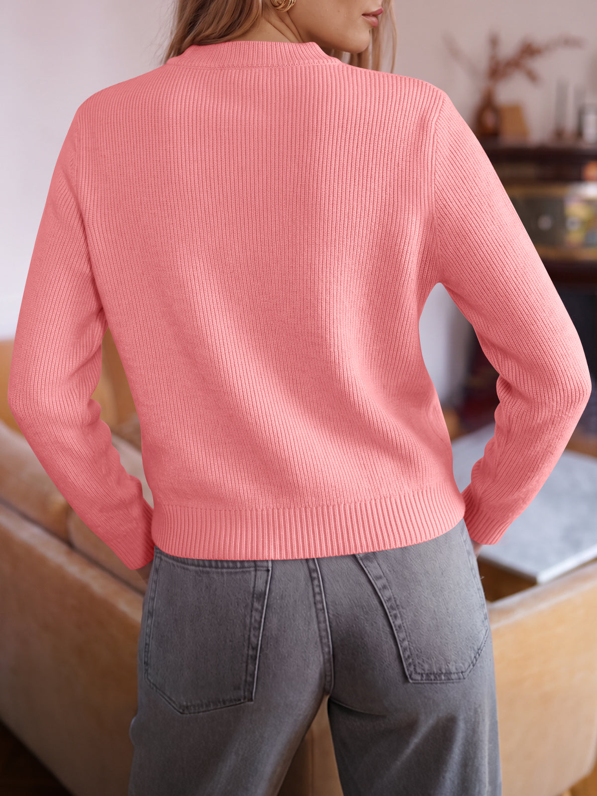 usvara Women Ruffle Mock Neck Knit Cardigan