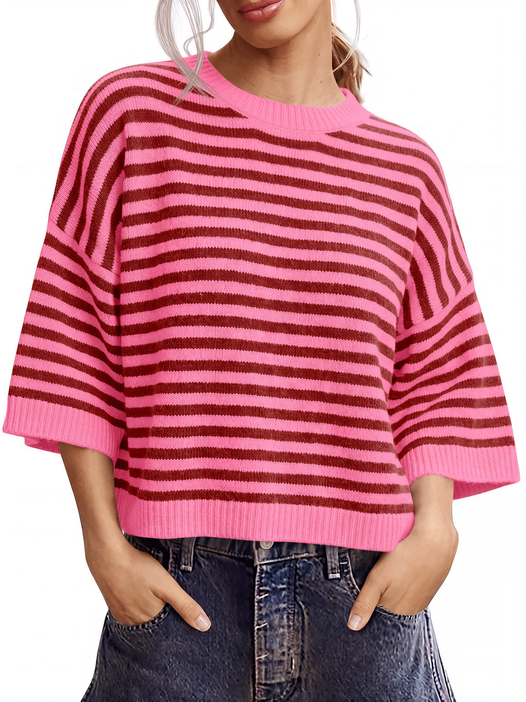 usvara Women Striped Short Sleeve Knit Top