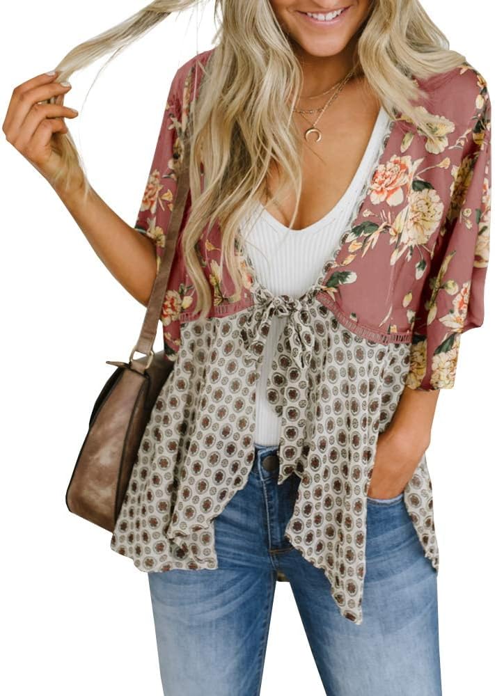 usvara Womens Tie Front Floral Kimono Cardigans