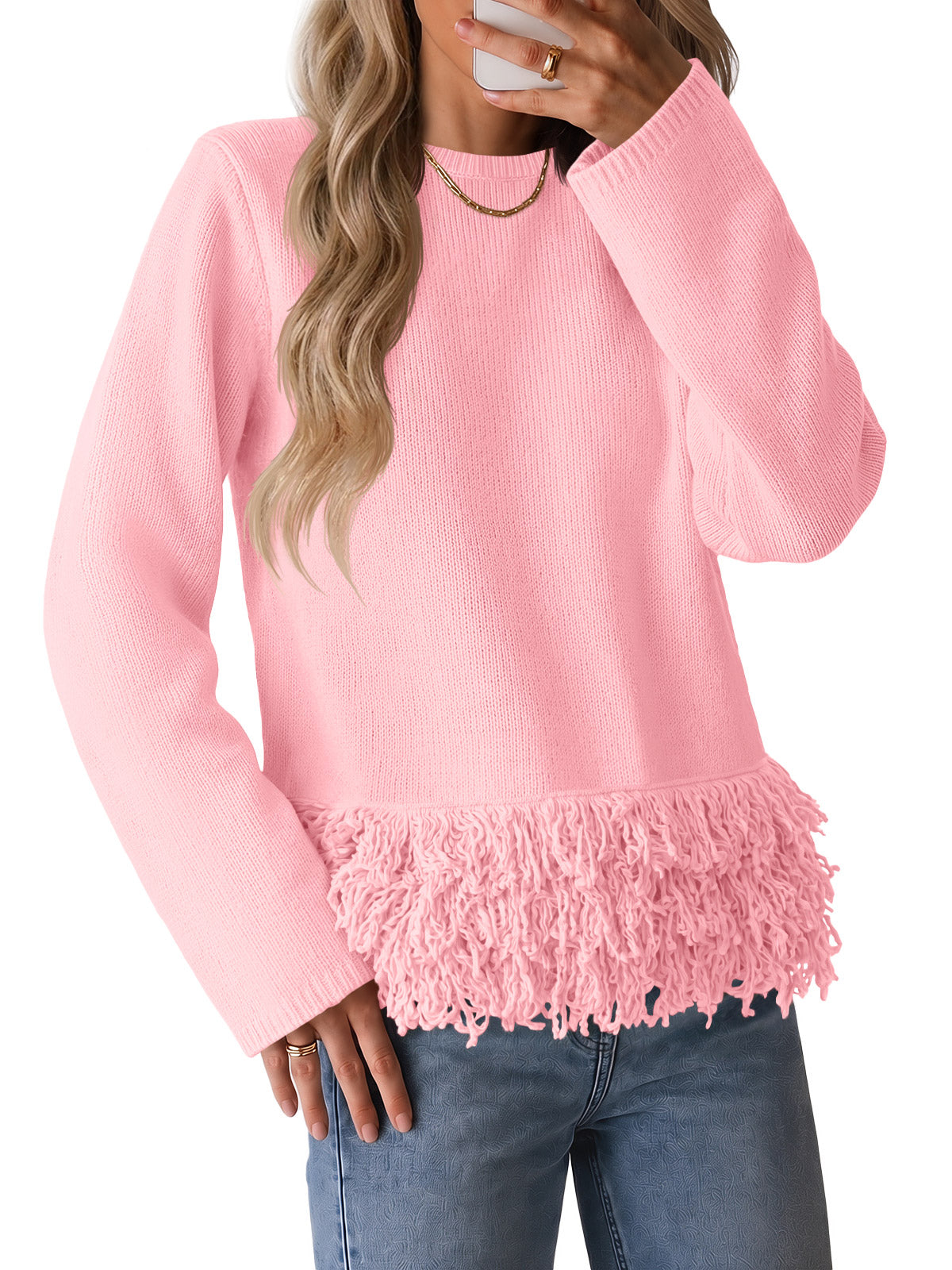 usvara Women Boho Fringe Knit Sweater