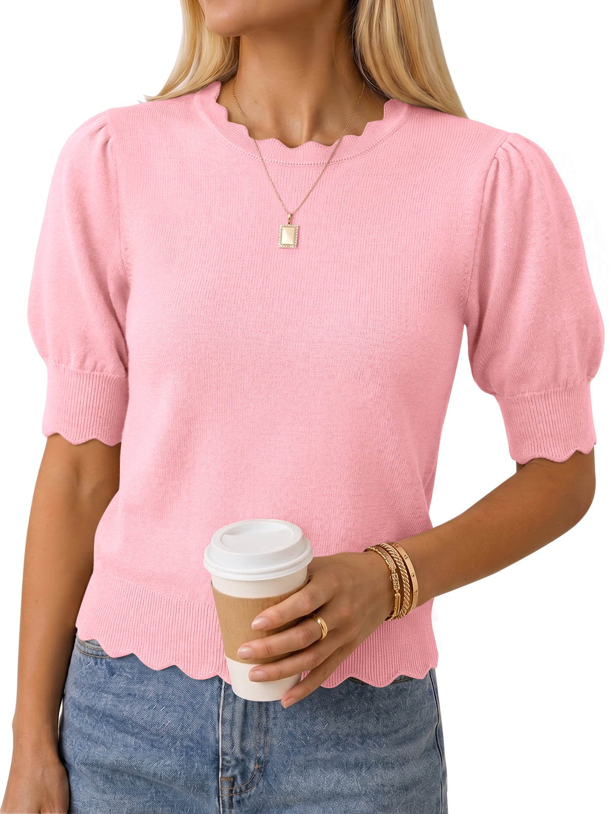 usvara Women Puff Sleeve Knit Top