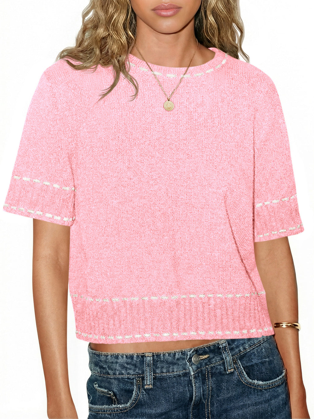 usvara Womens Cropped Crew Neck Knit Sweater