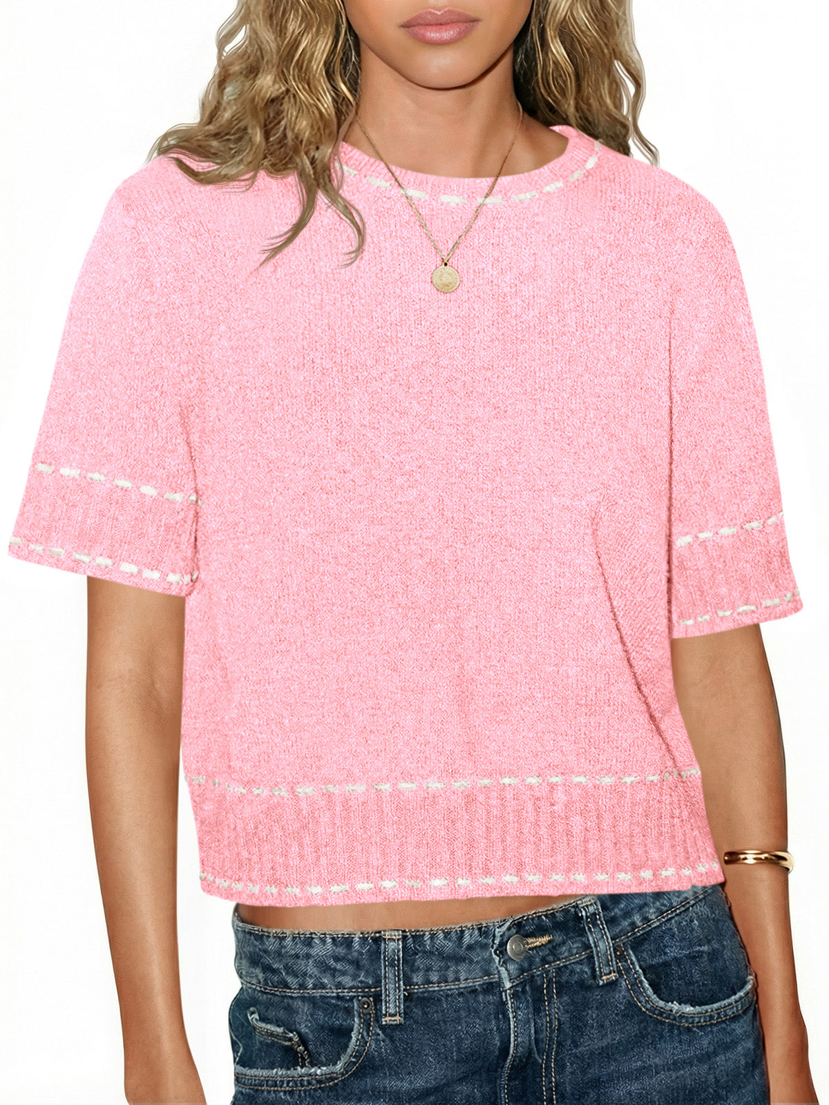 usvara Womens Cropped Crew Neck Knit Sweater