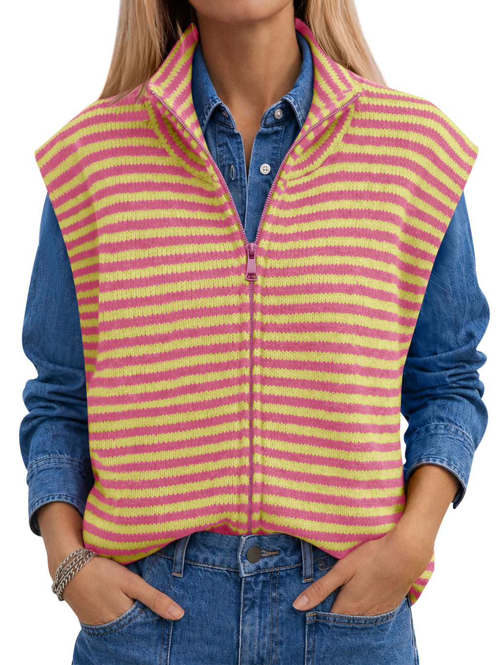 usvara Women Striped Zip Up Knit Cardigan
