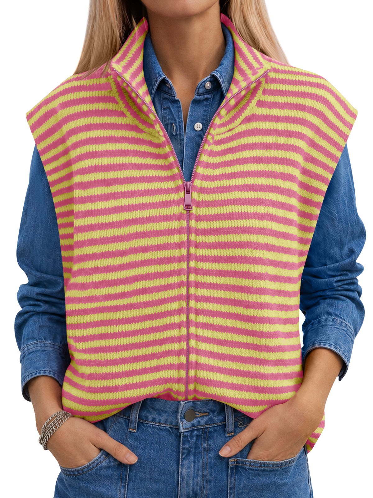 usvara Women Striped Zip Up Knit Cardigan