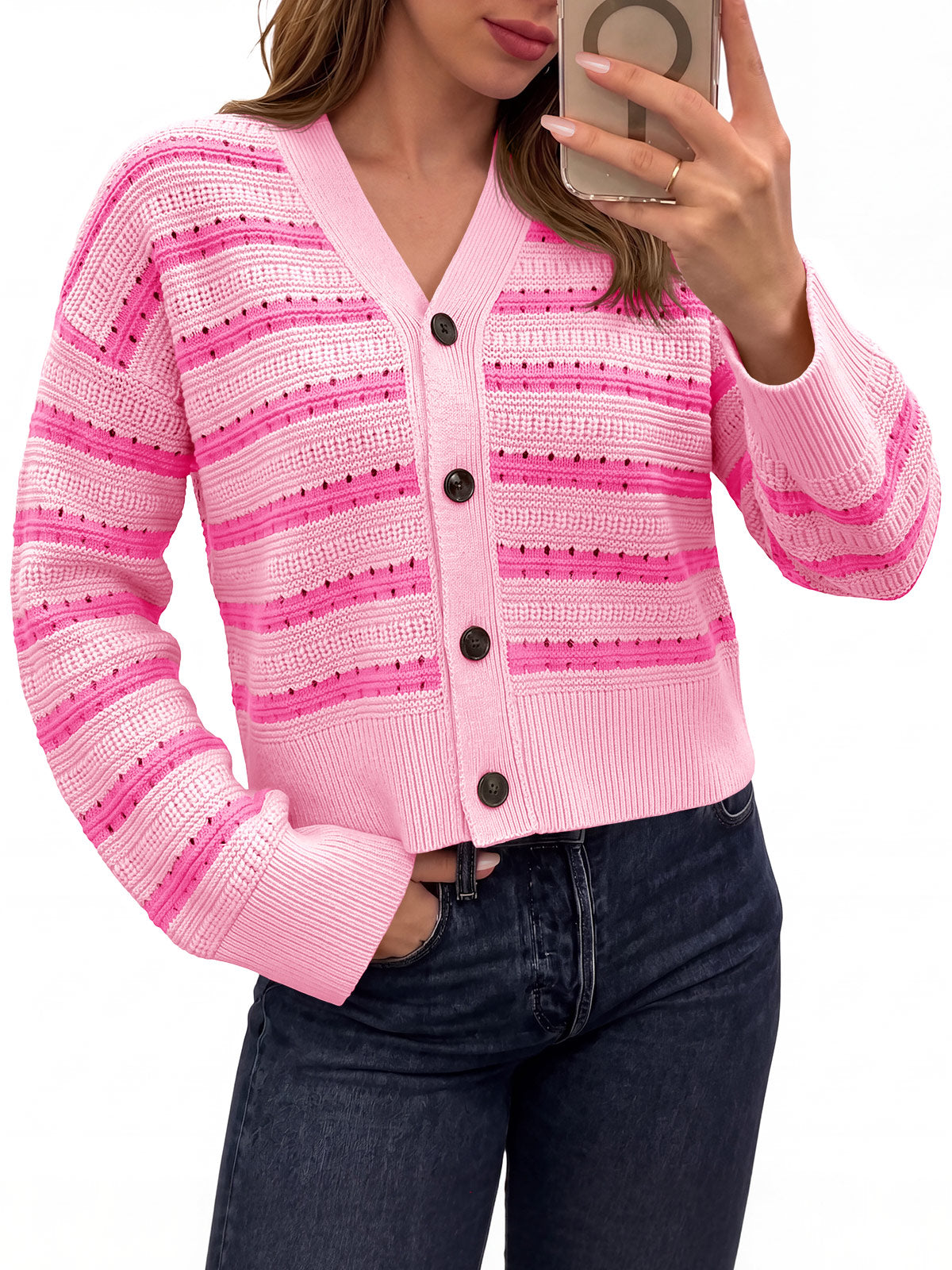 usvara Womens Striped Crochet Cardigan Tops