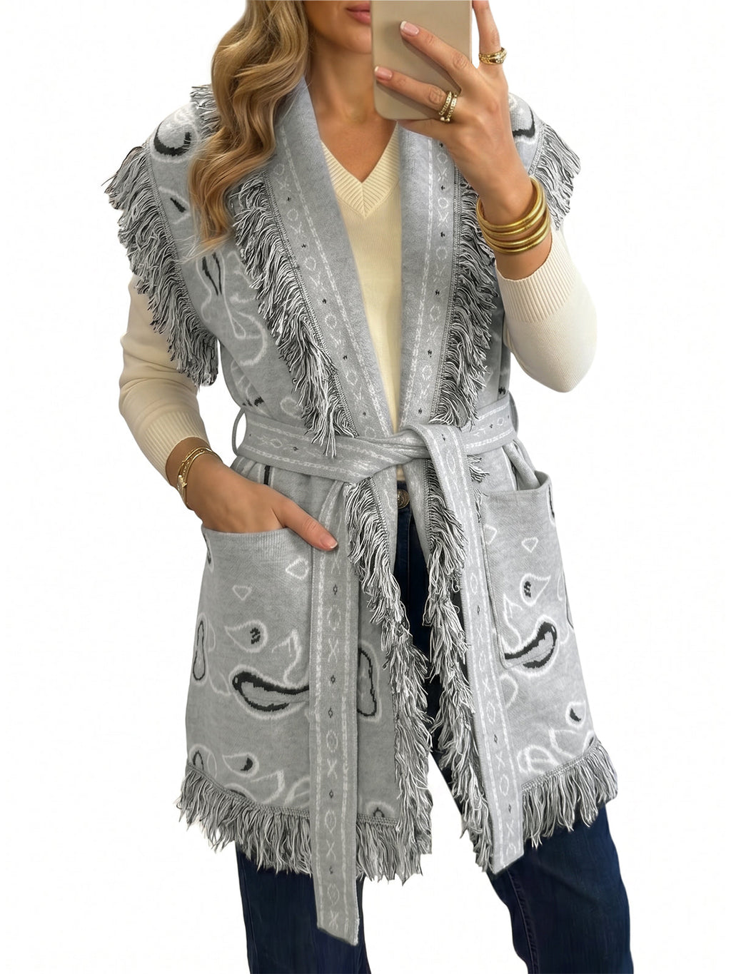 usvara Women Fringe Knit Cardigan