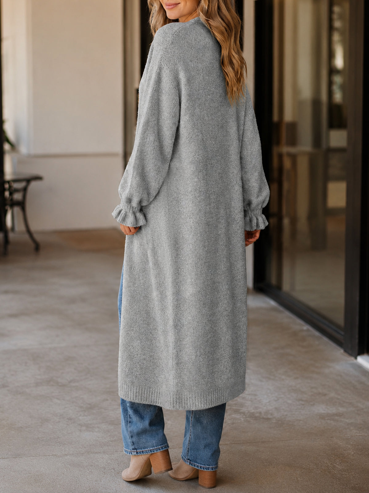 usvara Womens Ruffle Long Knit Cardigan