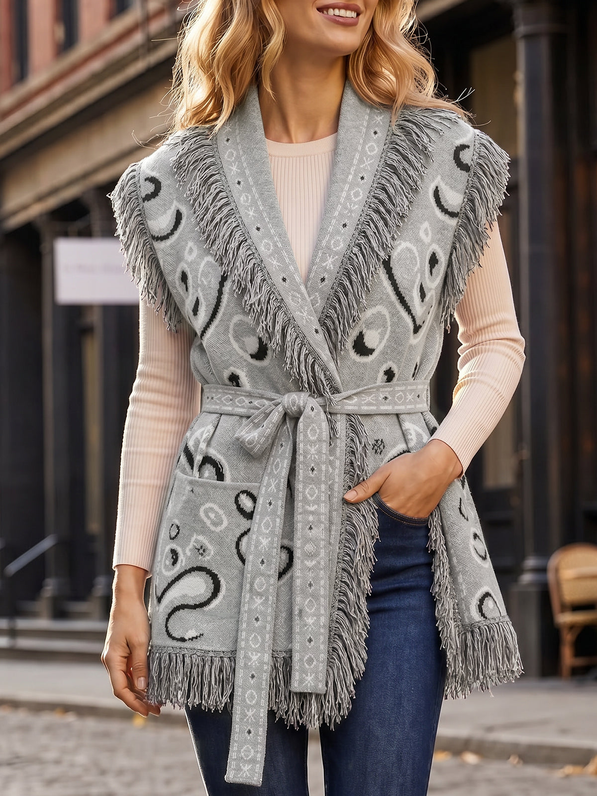 usvara Women Fringe Knit Cardigan