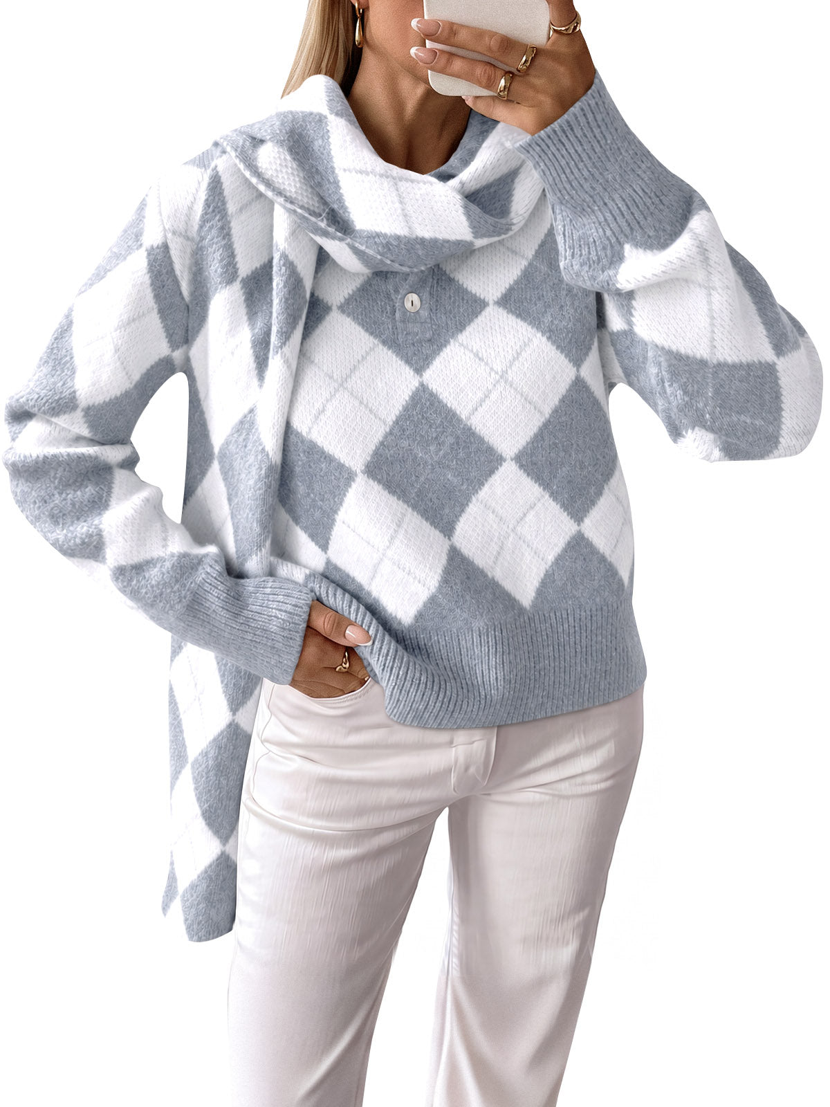 usvara Womens Argyle Color Block Polo Sweater