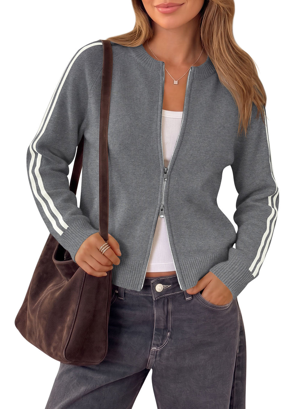 usvara Womens Zip Up Crew Neck Cardigan