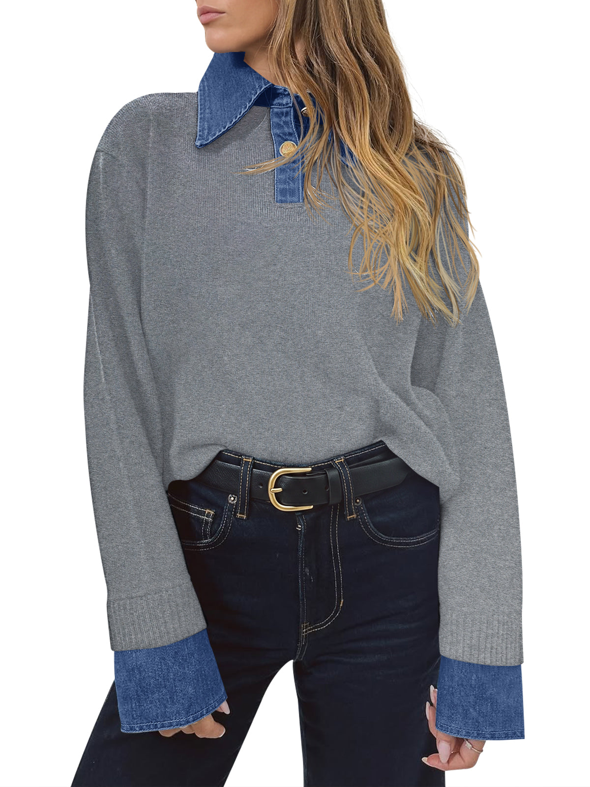 usvara Women Denim Patchwork V Neck Sweater Tops