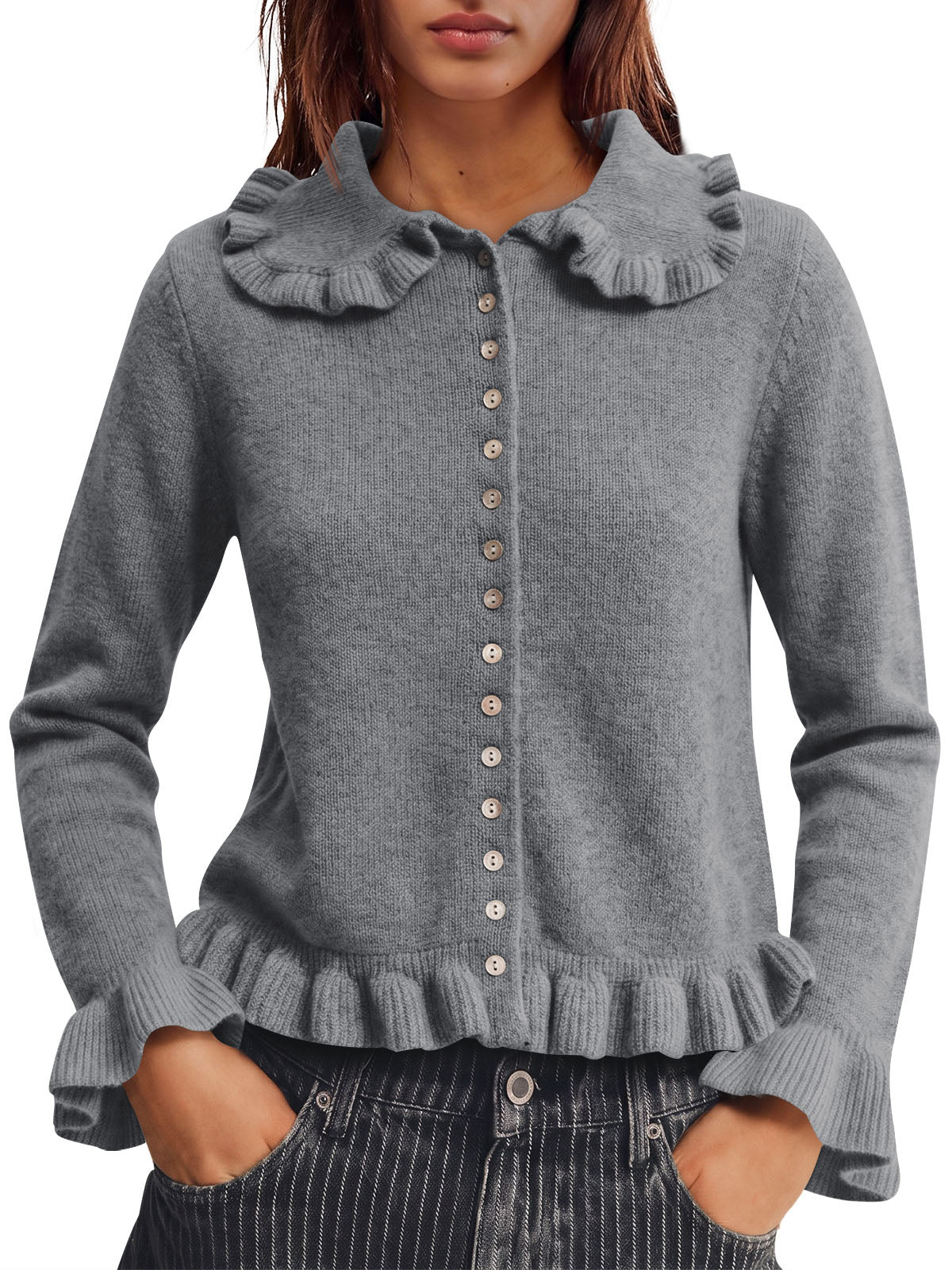 usvara Womens Ruffle Button Down Cardigan