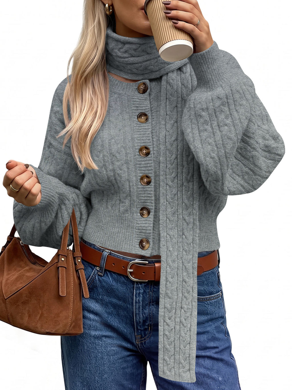 usvara Womens Cable Knit Cardigan with Scarf