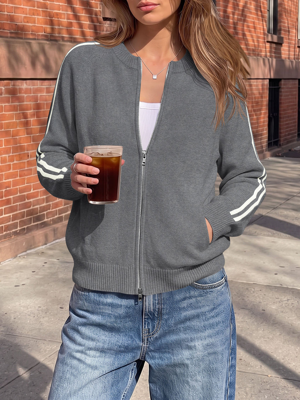 usvara Womens Zip Up Crew Neck Cardigan