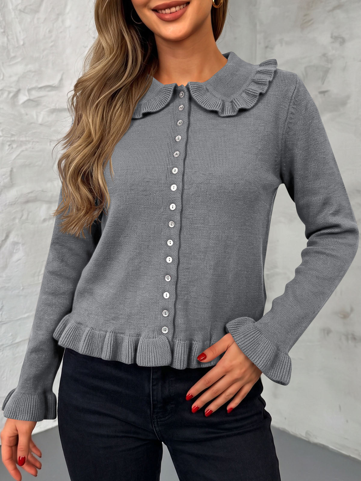 usvara Womens Ruffle Button Down Cardigan