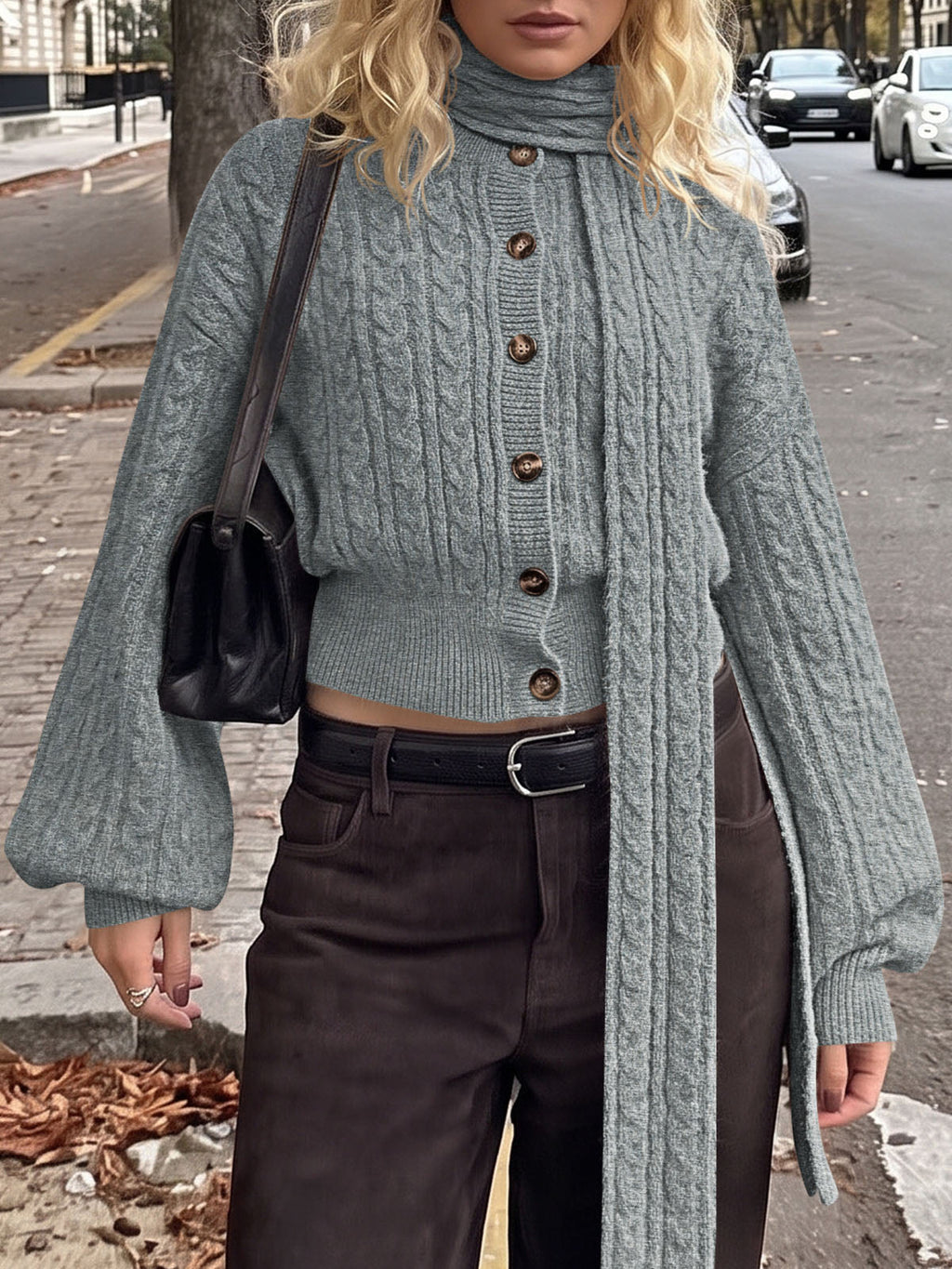 usvara Womens Cable Knit Cardigan with Scarf