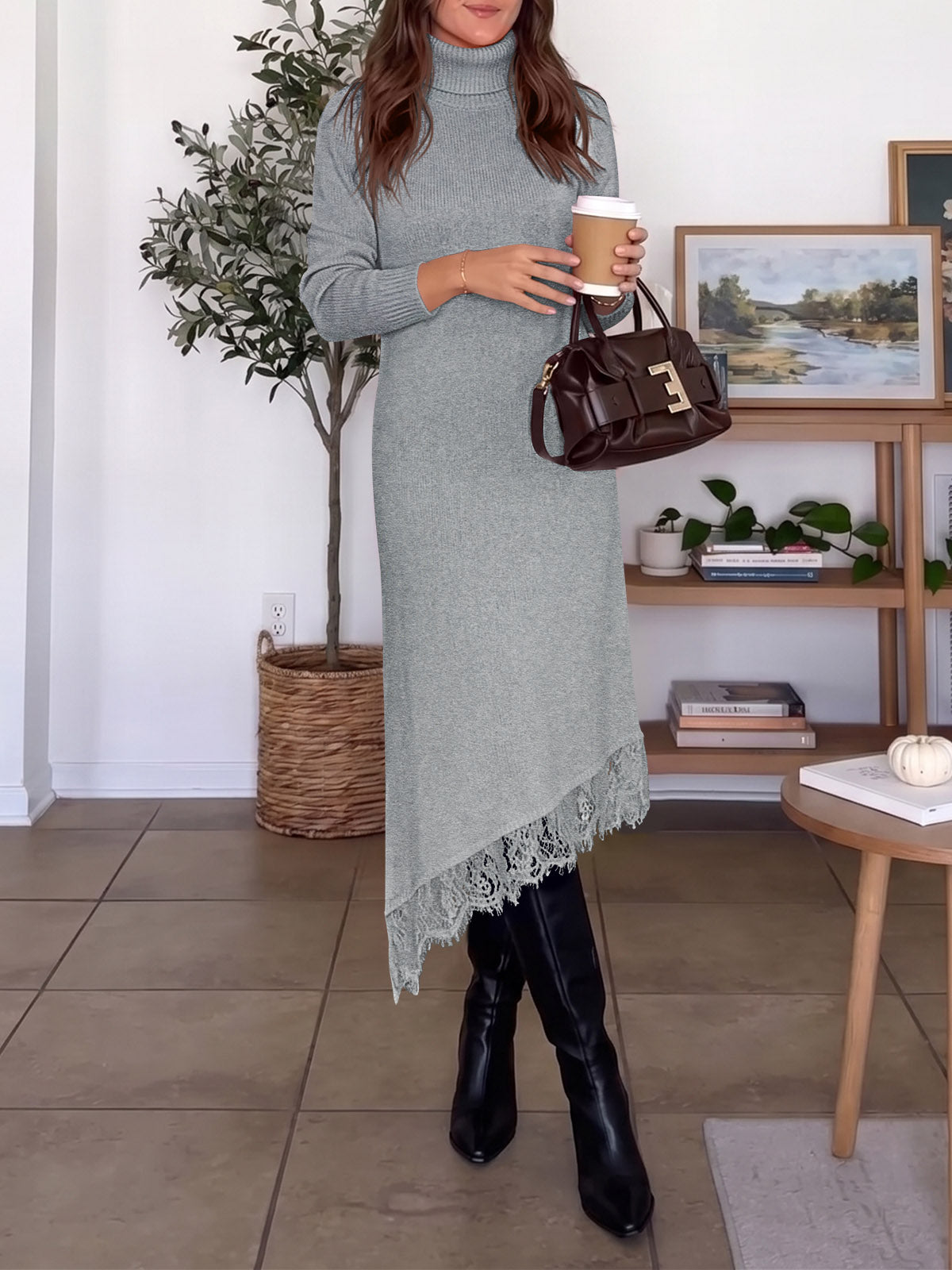 usvara Womens Lace Turtleneck Sweater Dress
