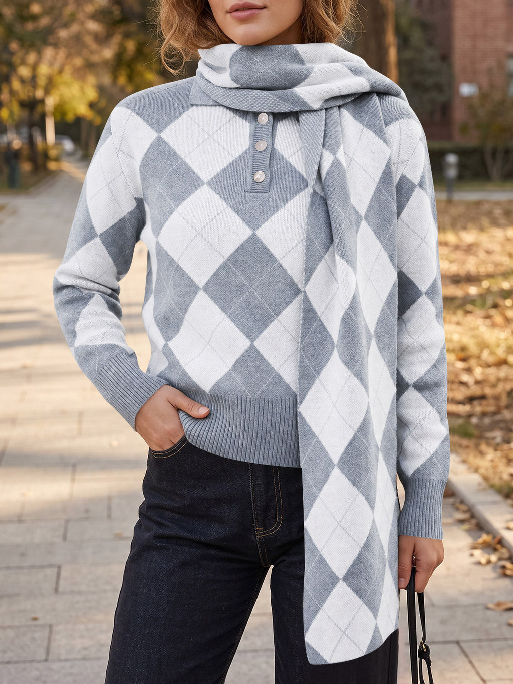 usvara Womens Argyle Color Block Polo Sweater