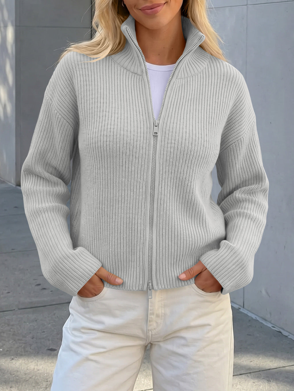 usvara Women Zip Up Chunky Knit Sweater