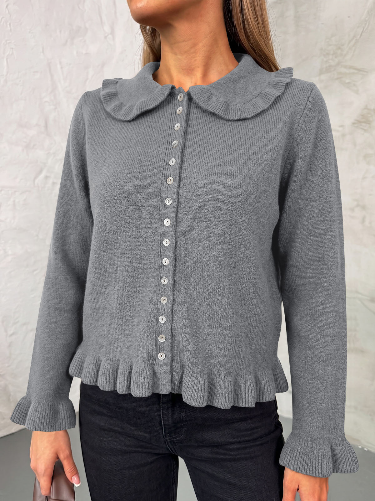 usvara Womens Ruffle Button Down Cardigan