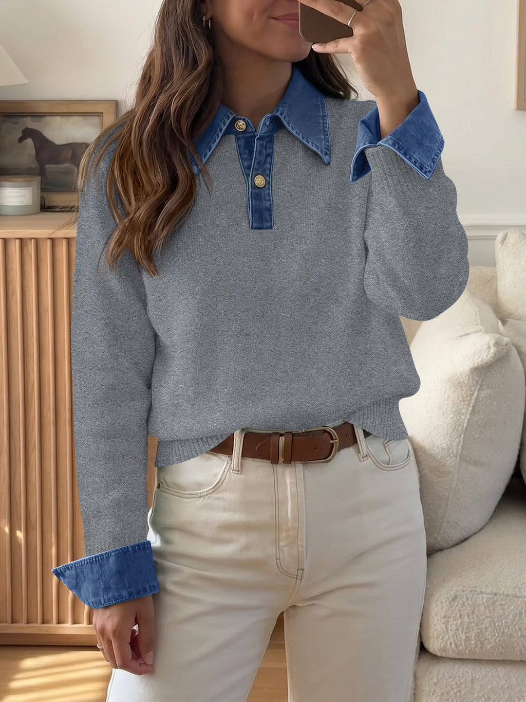 usvara Women Denim Patchwork V Neck Sweater Tops