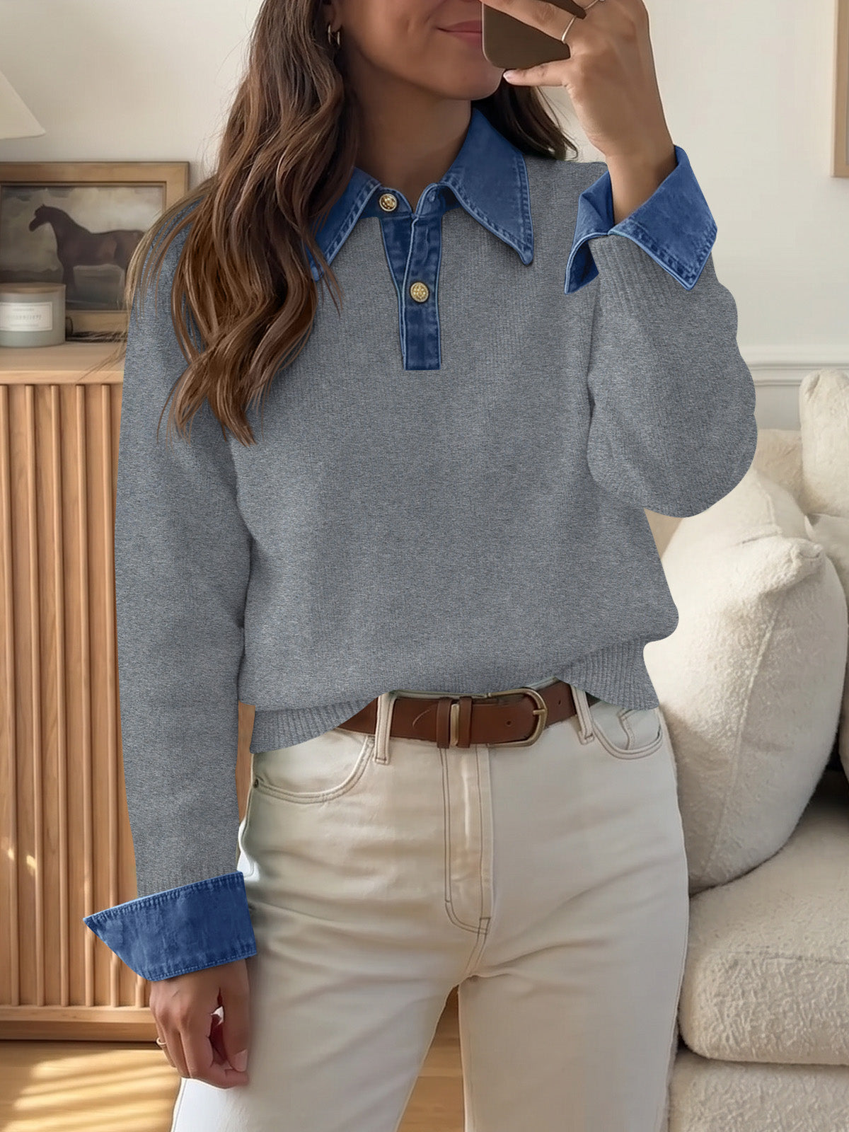 usvara Women Denim Patchwork V Neck Sweater Tops