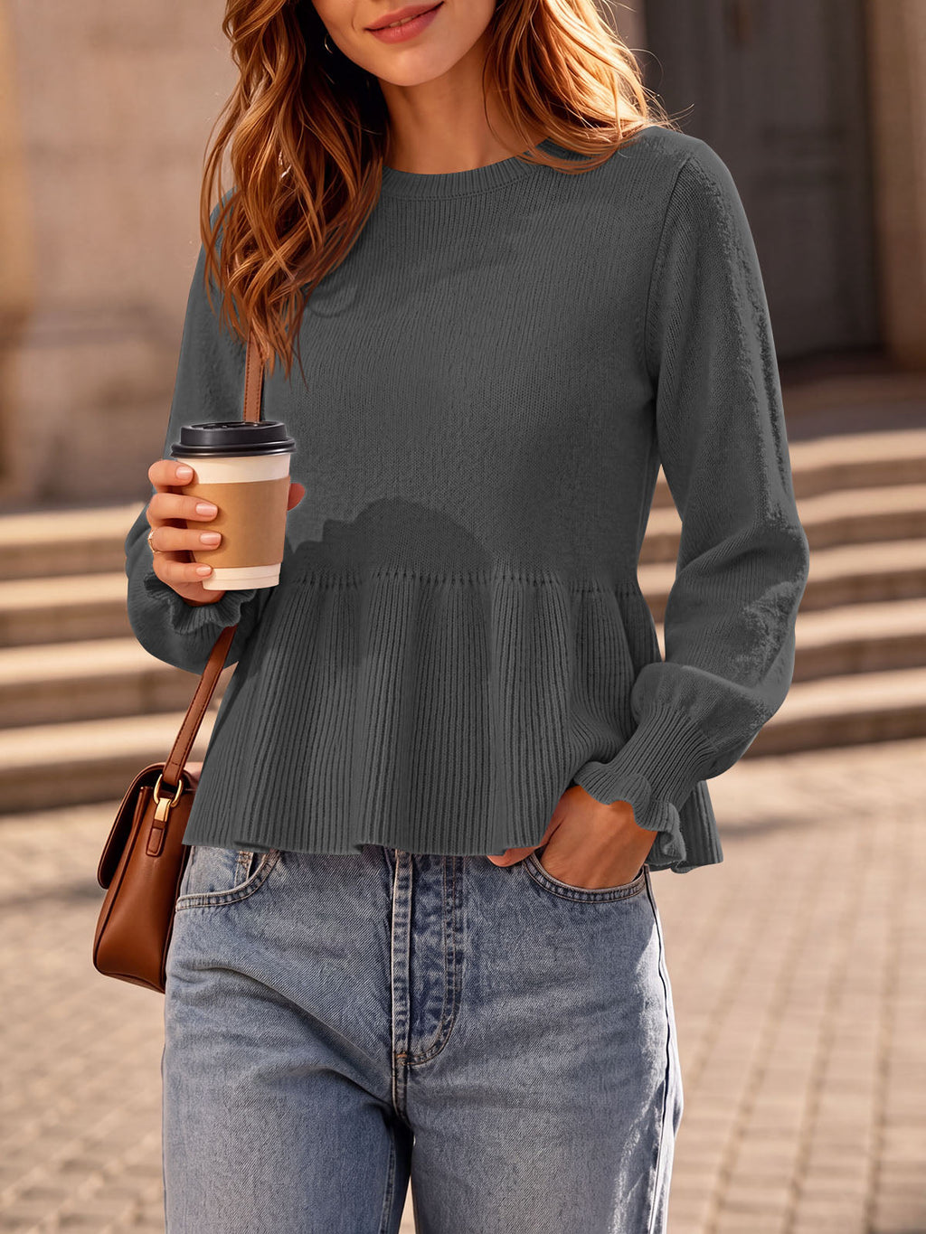 usvara Womens Peplum Long Sleeve Sweater