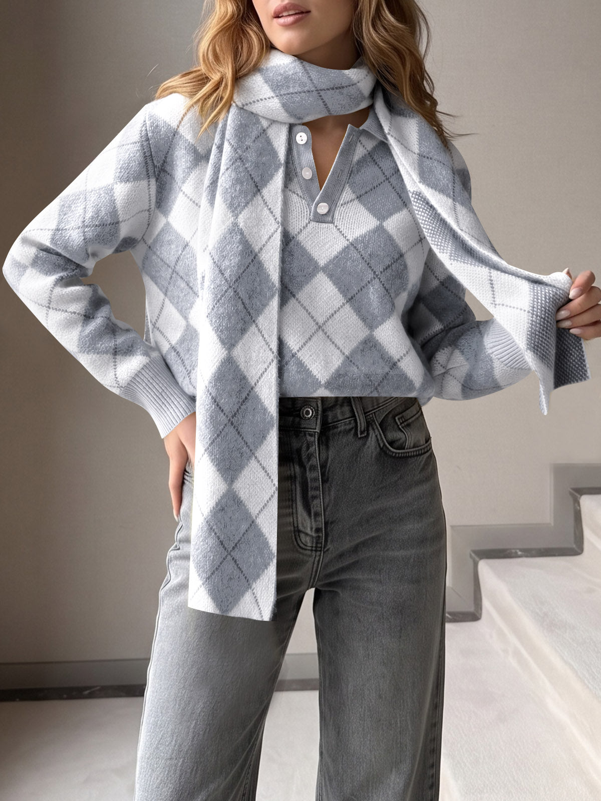 usvara Womens Argyle Color Block Polo Sweater
