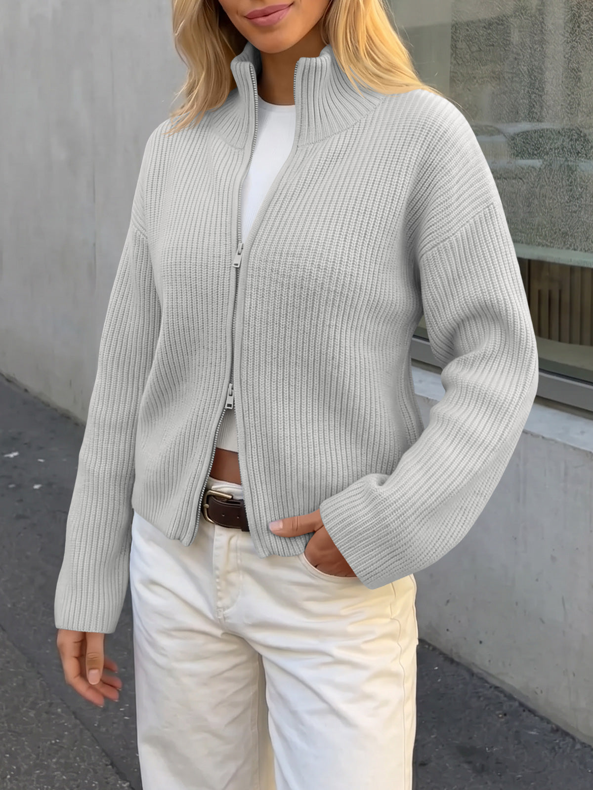 usvara Women Zip Up Chunky Knit Sweater