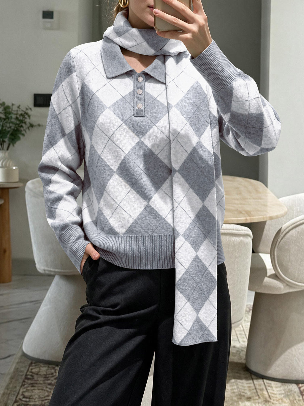 usvara Womens Argyle Color Block Polo Sweater
