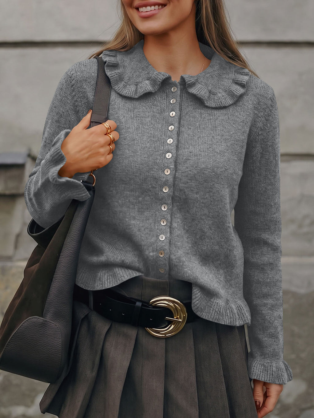usvara Womens Ruffle Button Down Cardigan