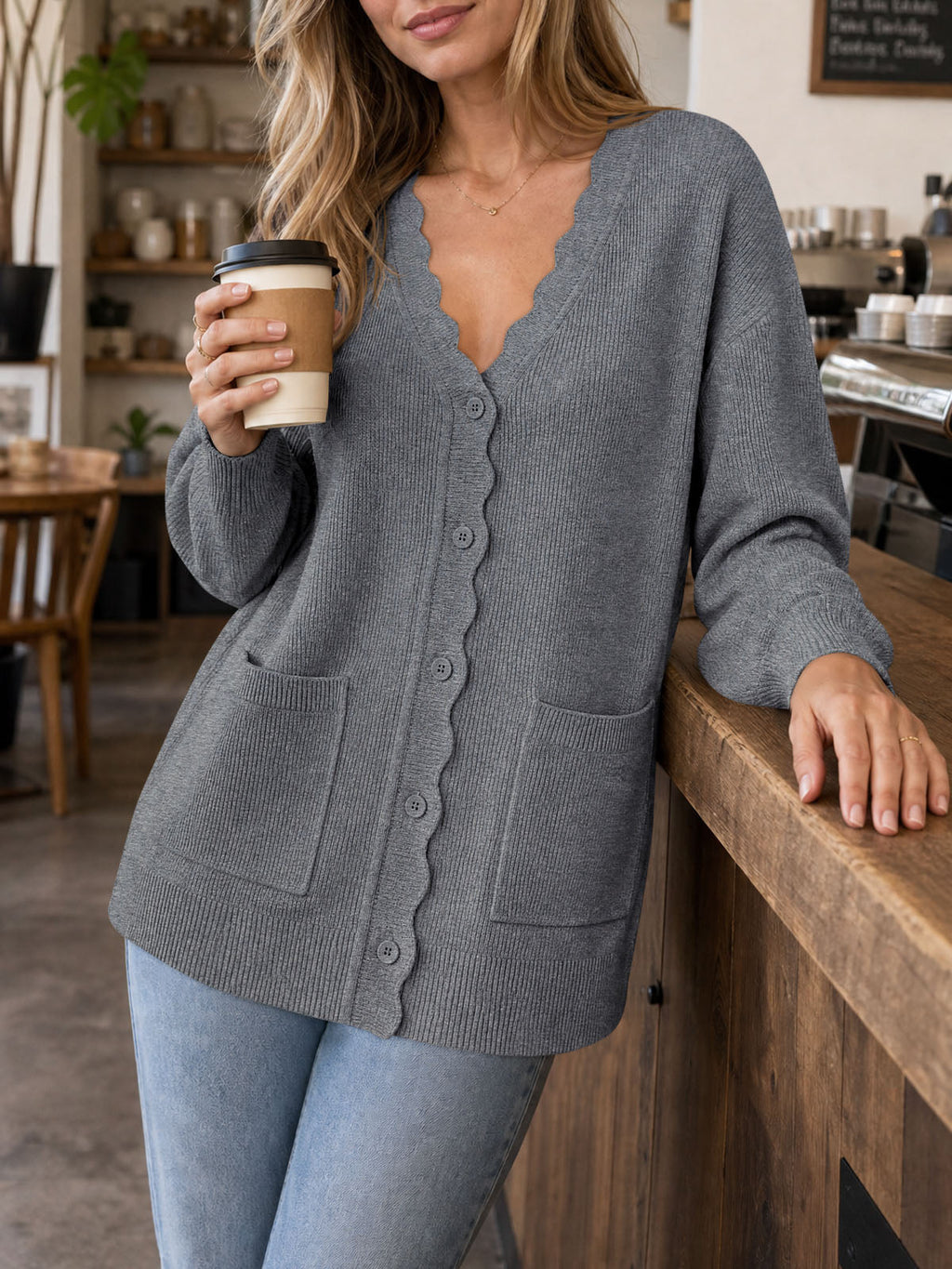 usvara Womens Oversized V Neck  Cardigan