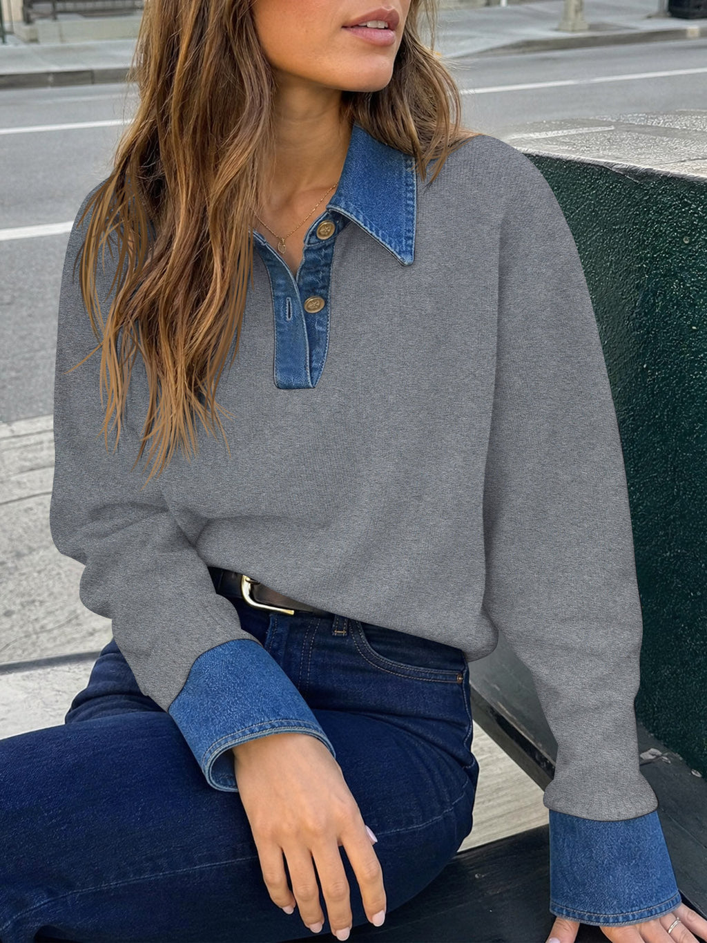 usvara Women Denim Patchwork V Neck Sweater Tops