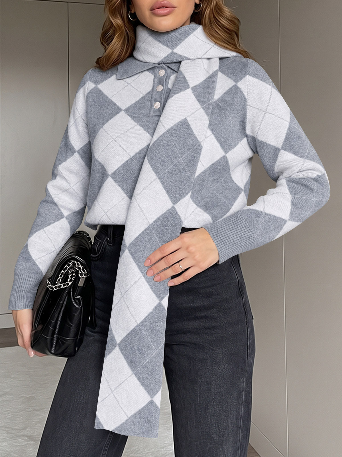 usvara Womens Argyle Color Block Polo Sweater