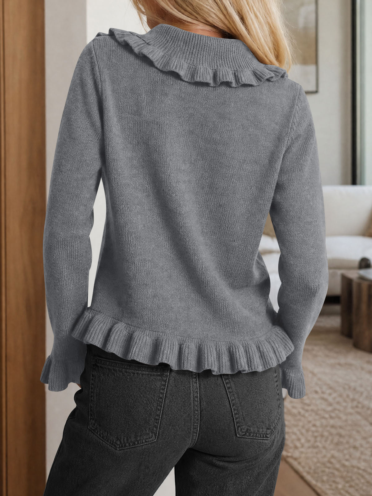 usvara Womens Ruffle Button Down Cardigan