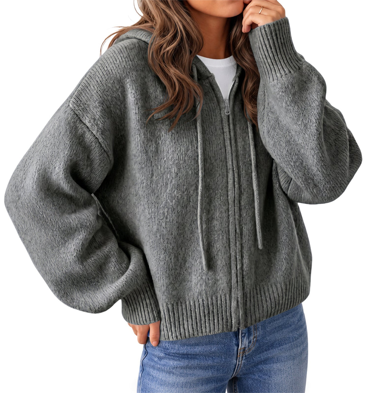 usvara Womens Zip Up Hooded Knit Cardigan