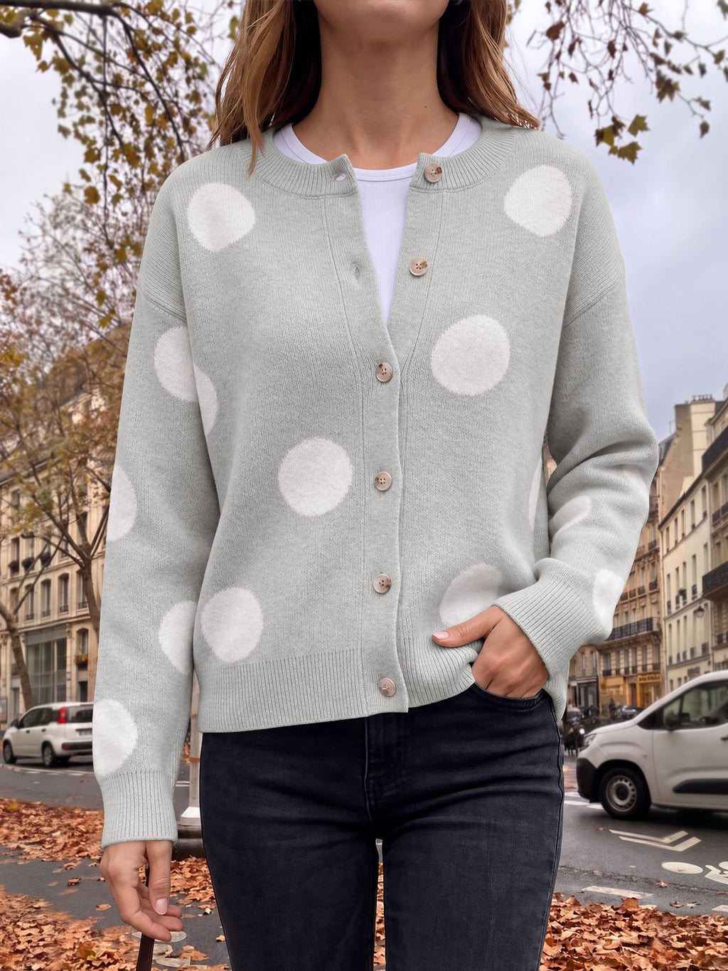 usvara Women Polka Dot Knit Cardigan
