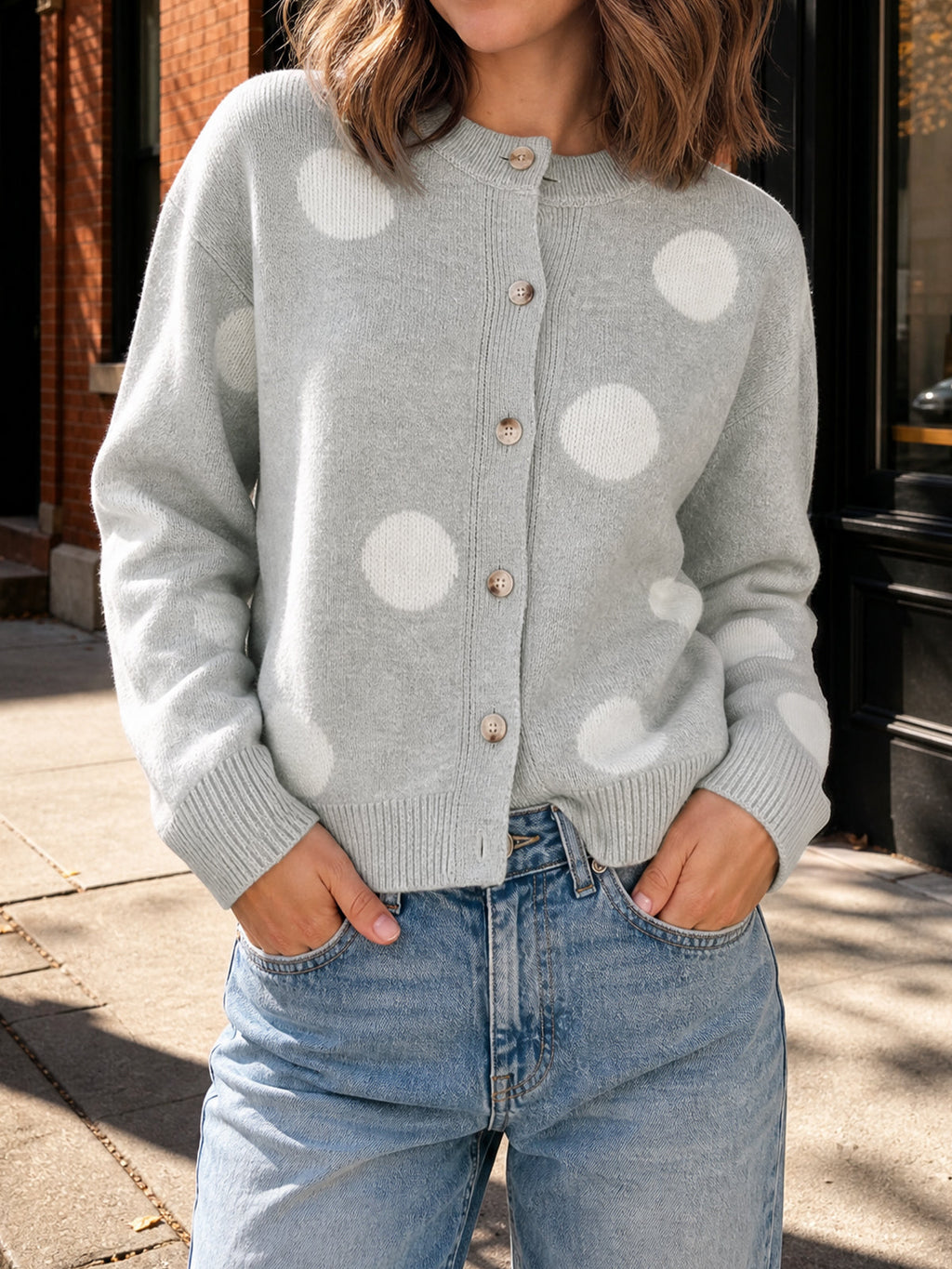 usvara Women Polka Dot Knit Cardigan