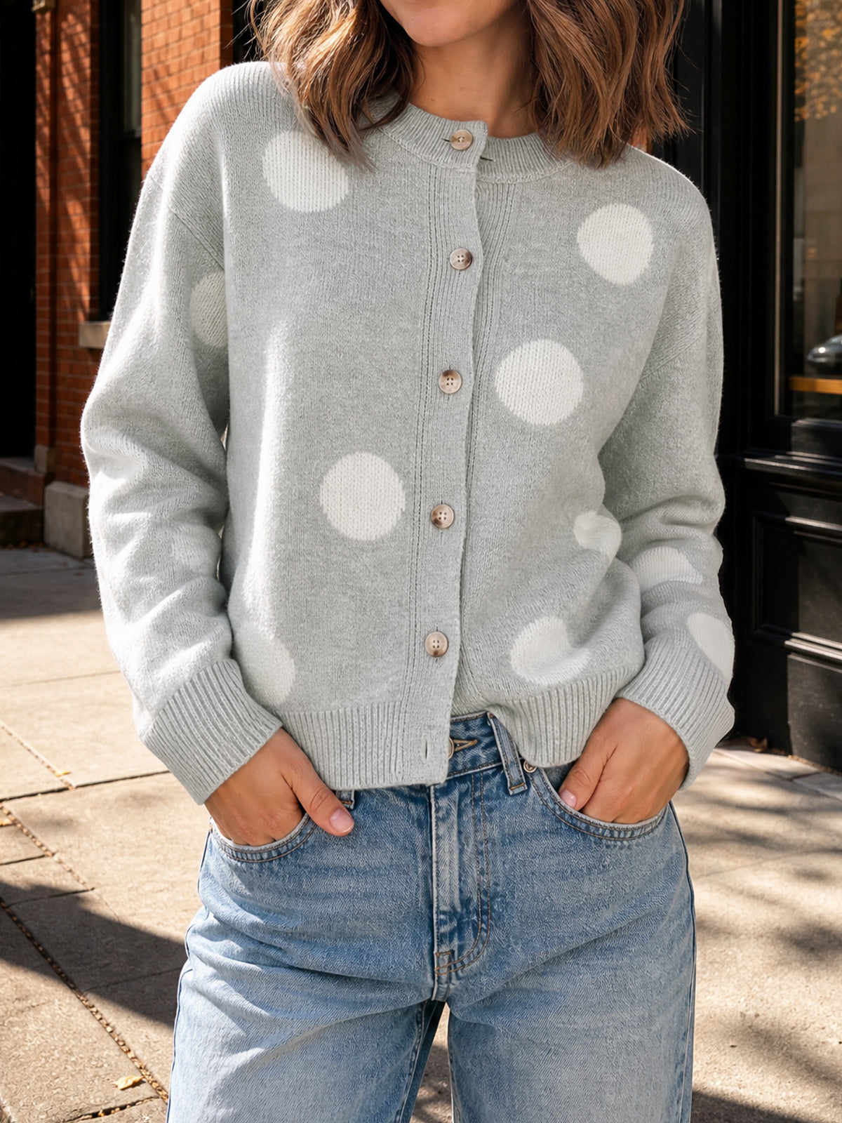 usvara Women Polka Dot Knit Cardigan