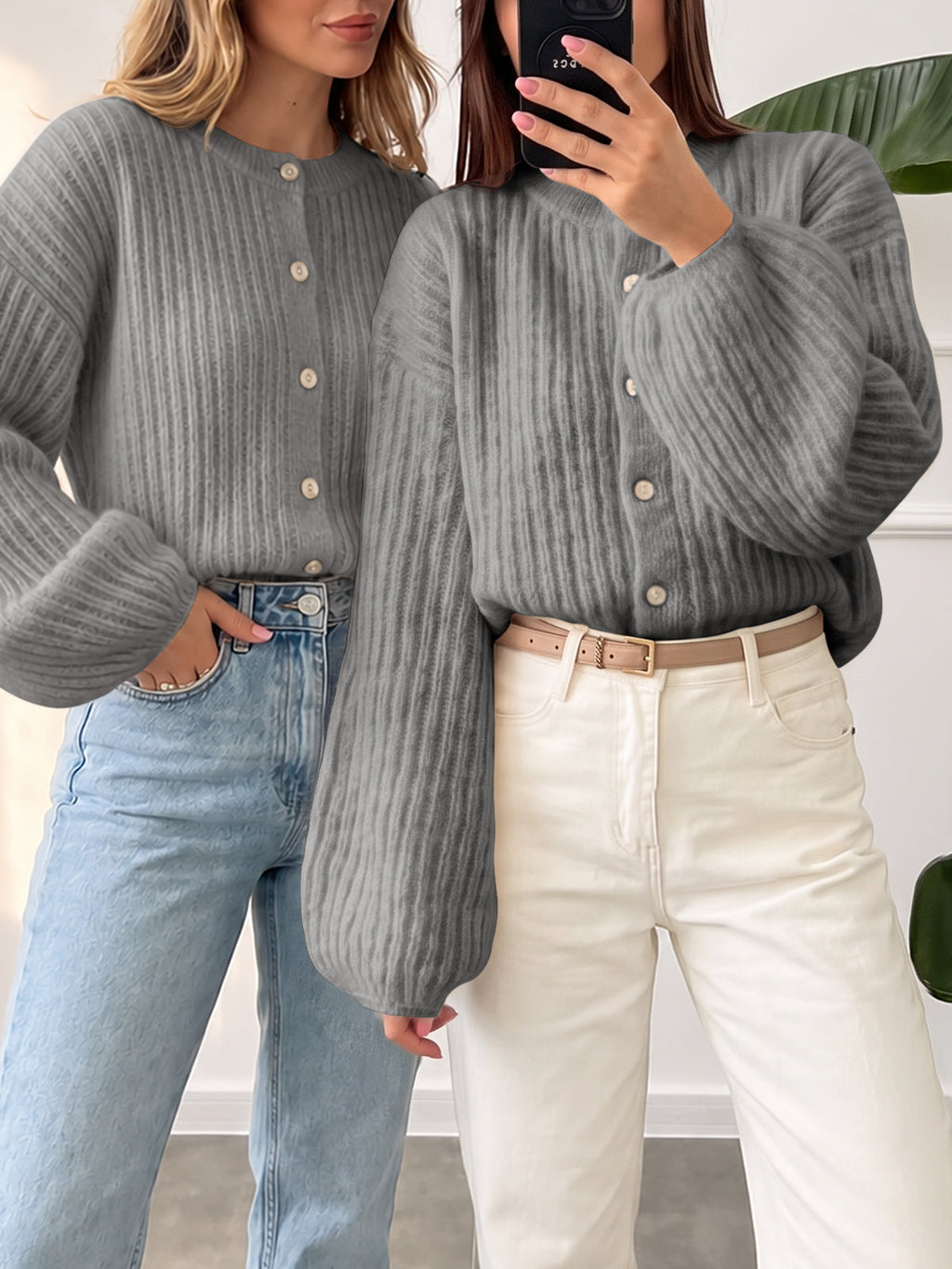 usvara Womens Lantern Sleeve Button Down Cardigan