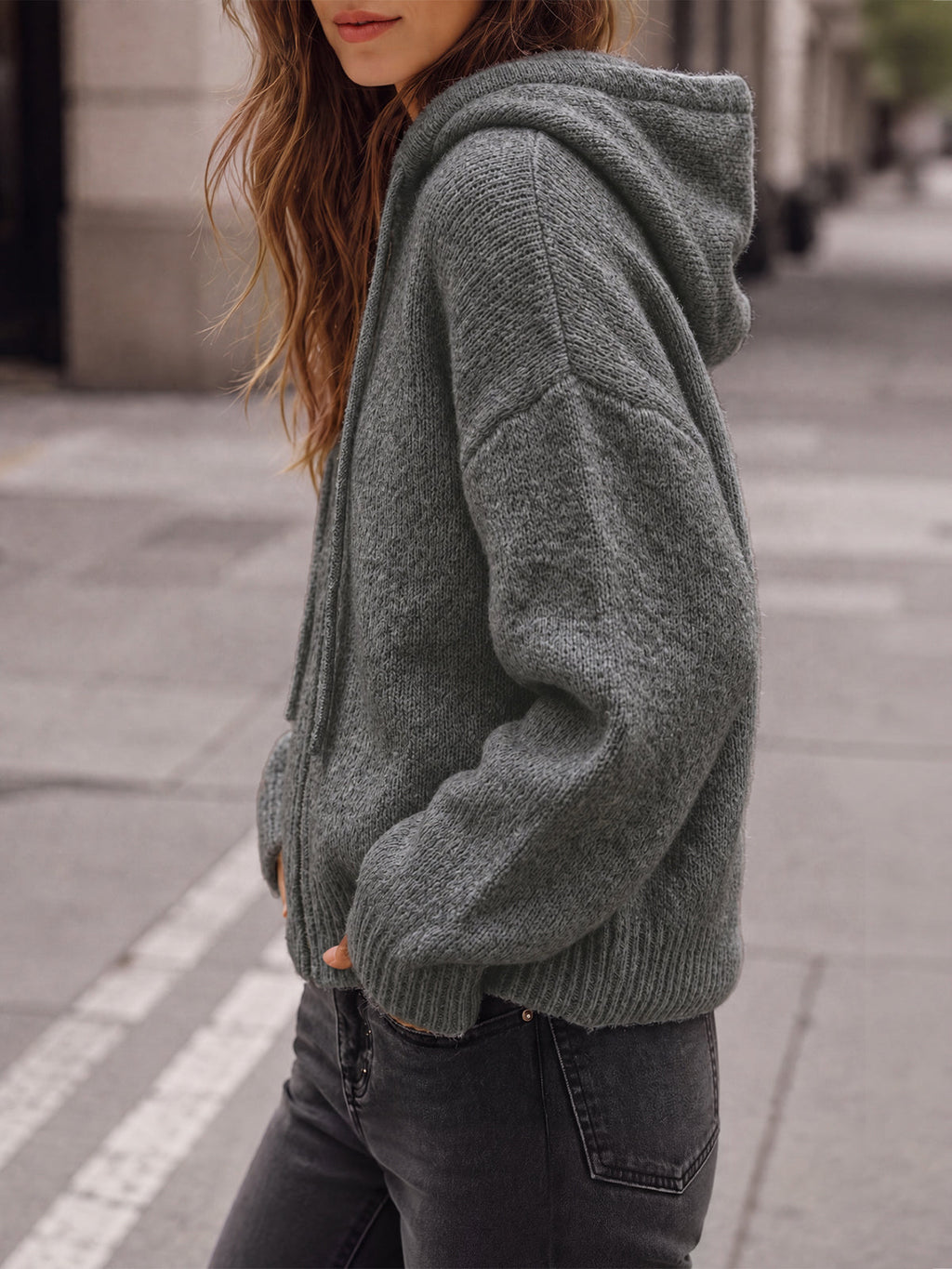 usvara Womens Zip Up Hooded Knit Cardigan