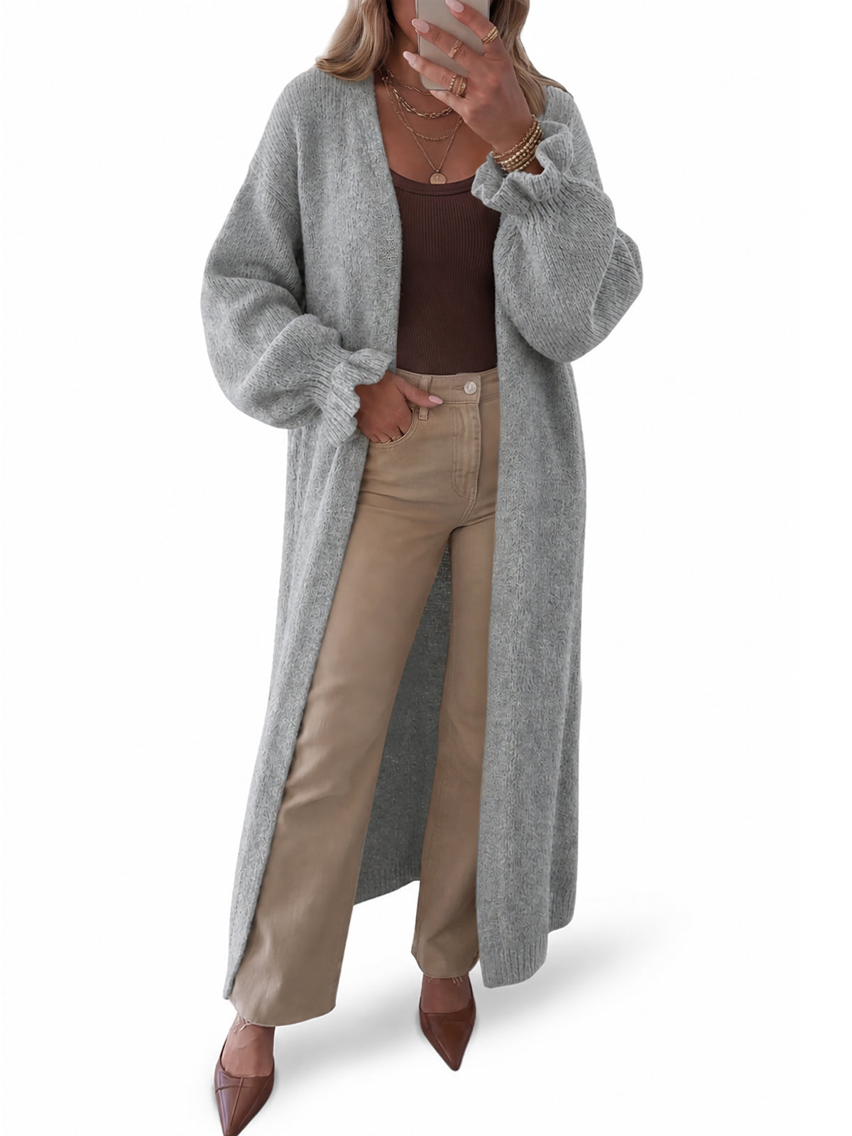 usvara Womens Ruffle Long Knit Cardigan