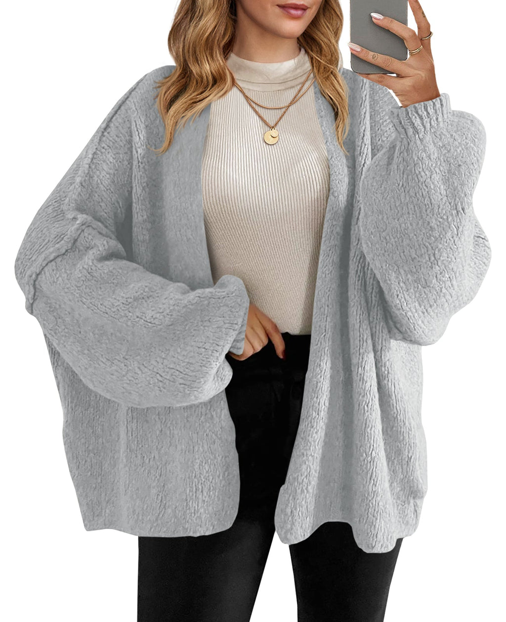 Usvara Womens Oversized Lantern Sleeve Chunky Knit Open-Front Cardigan Sweater