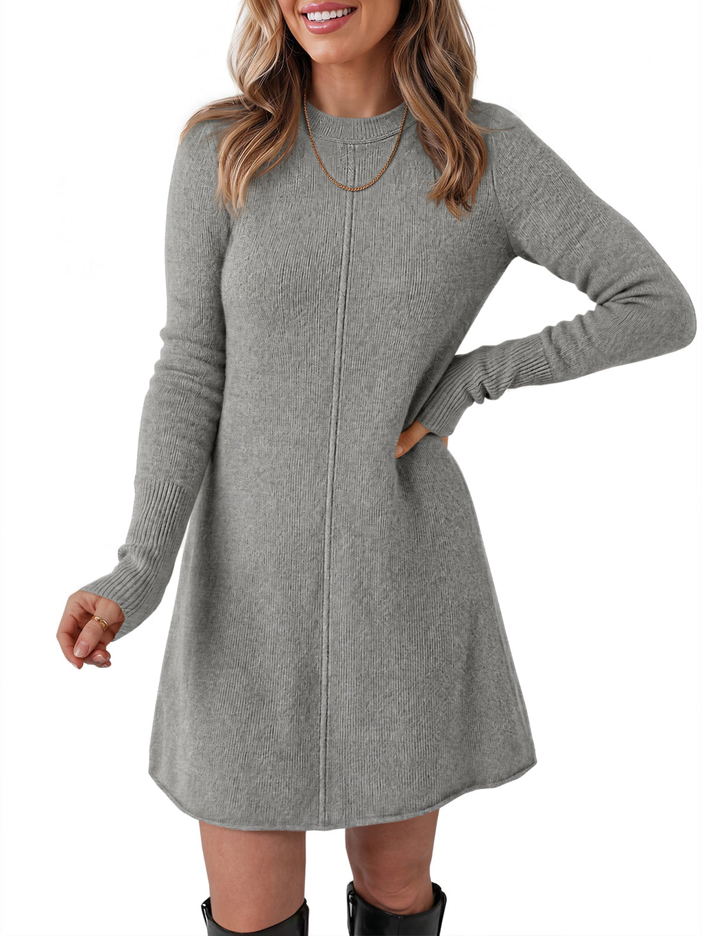 usvara Women Long Sleeve Knit Fit Flare Mini Sweater Dress