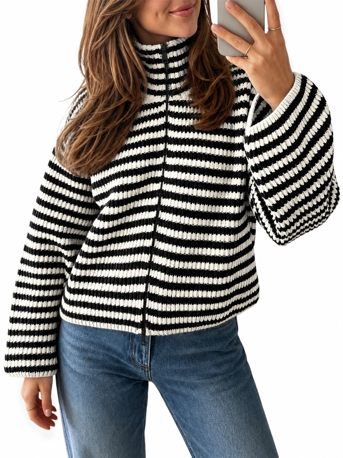usvara Womens Striped Zip Knit Cardigan